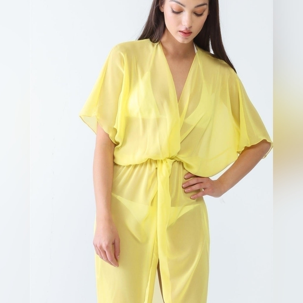 Sheer Yellow Kimono Wrap‎ Dress | Flowy & Flirty Cover-Up - Picture 2 of 5